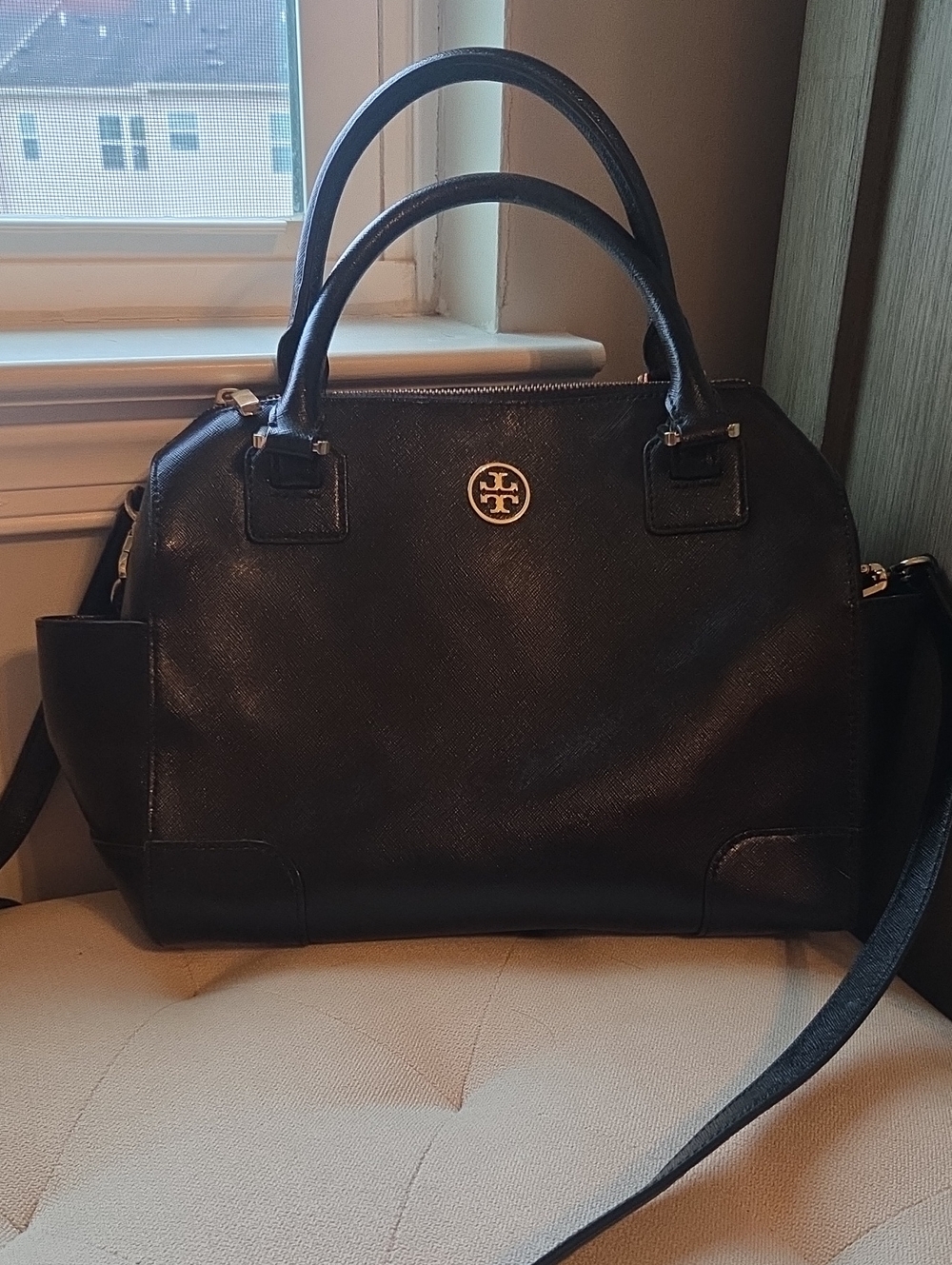 Tory Burch Black Leather Satchel with Gold Emblem